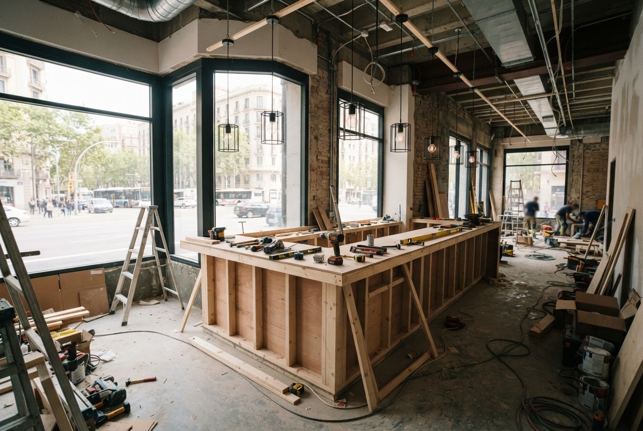 The Kestrel's corner restaurant under fit-out, its bar counter being built beneath pendant lights with tall corner windows looking onto East Colfax