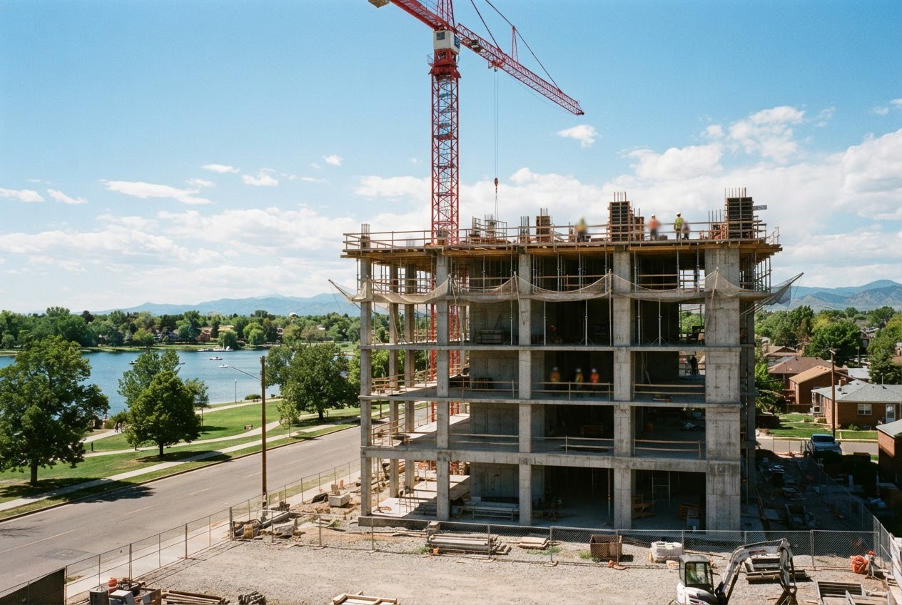 Sloan's Corner's bare five-story concrete frame topped out under a tower crane in February 2026, facing the lakeside park in a low-rise neighborhood
