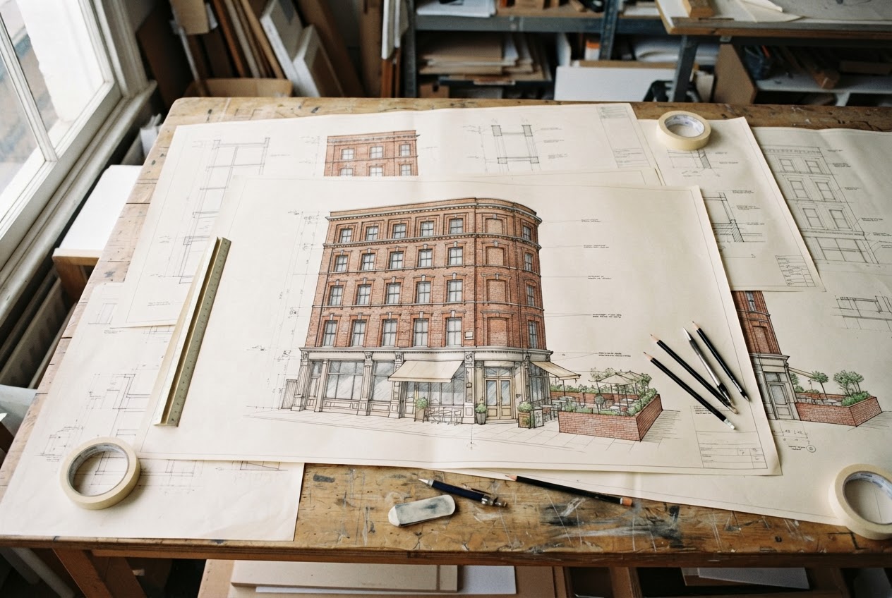 Elevation drawings of The Kestrel's six-story brick corner scheme with its ground-floor restaurant and patio, spread on a studio table