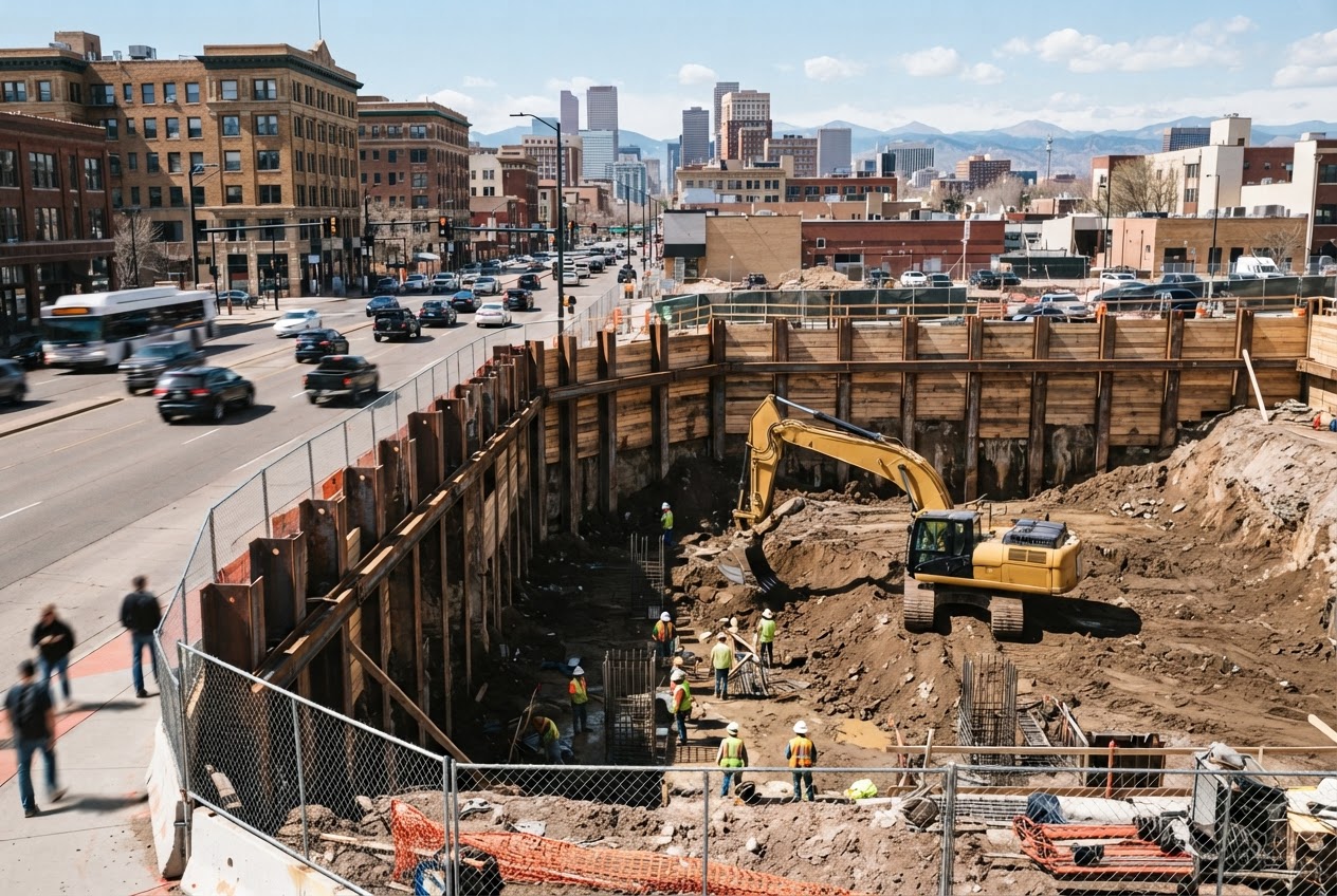 Excavation and steel shoring on The Kestrel's corner lot, an excavator working in the pit as traffic passes on the wide East Colfax avenue