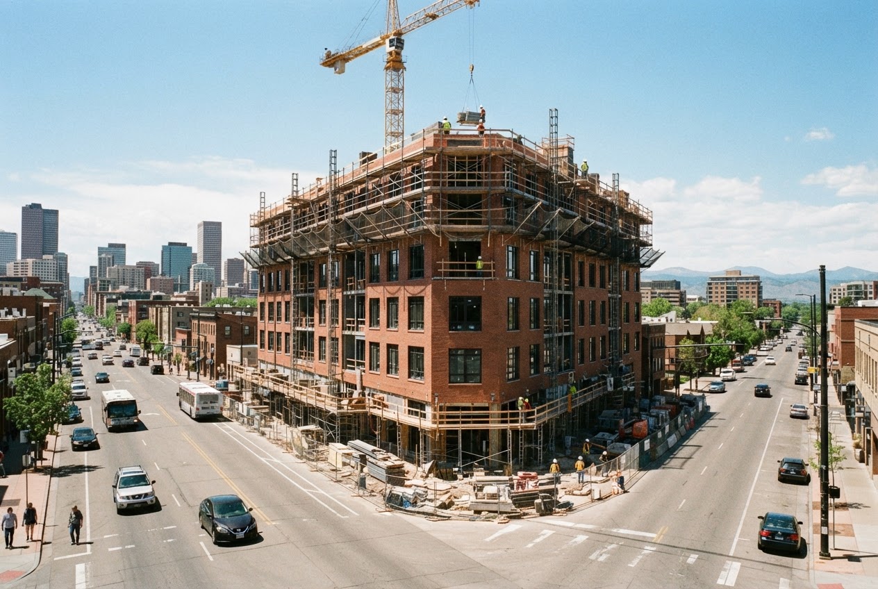 The Kestrel's six-story corner rising behind scaffolding on East Colfax, warm rust brick going up under a crane with traffic on the wide avenue below