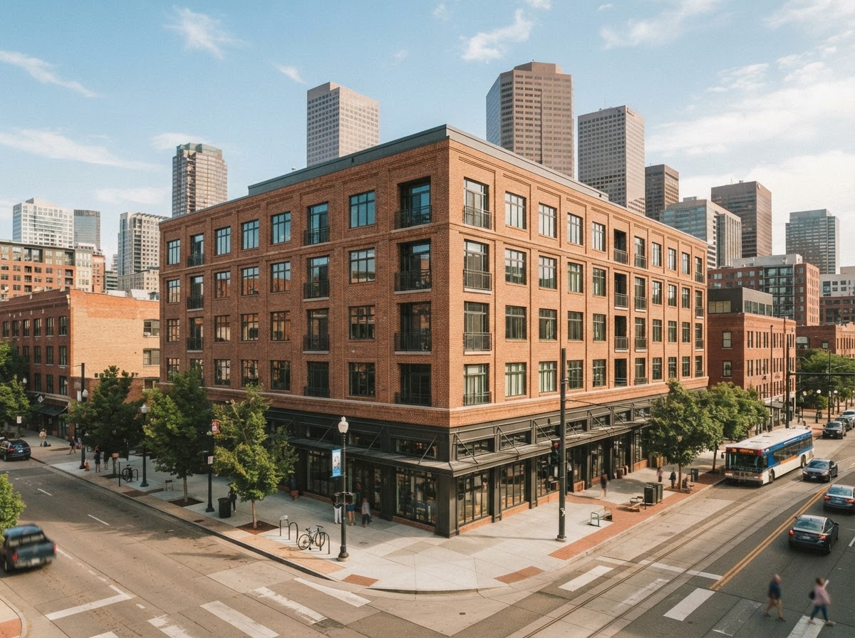 Arapahoe Crossing, a five-story rust brick and glass building on a dense downtown Denver corner with glassy street-level retail, street trees and taller towers behind