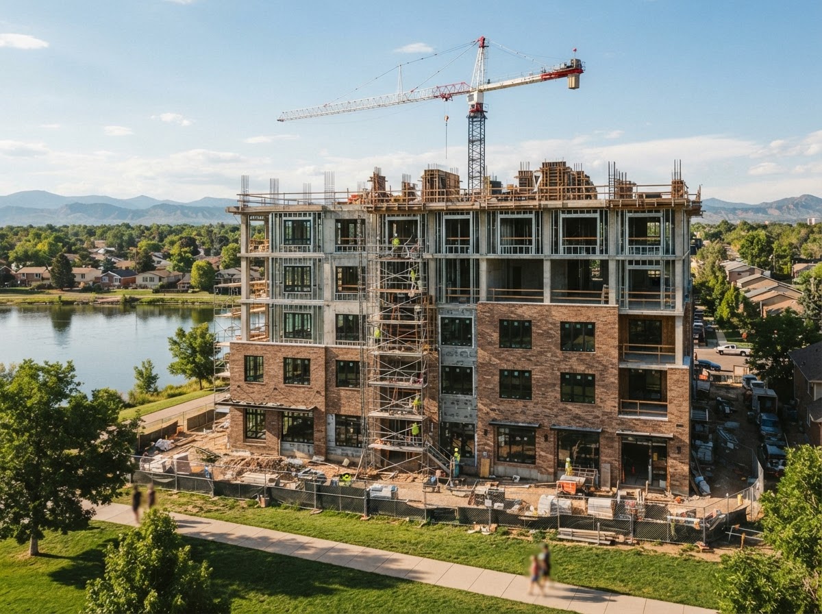 Sloan's Corner under construction facing a green lakeside park, its five-story concrete frame topped out with brick on the lower floors, a tower crane, scaffolding and construction fencing