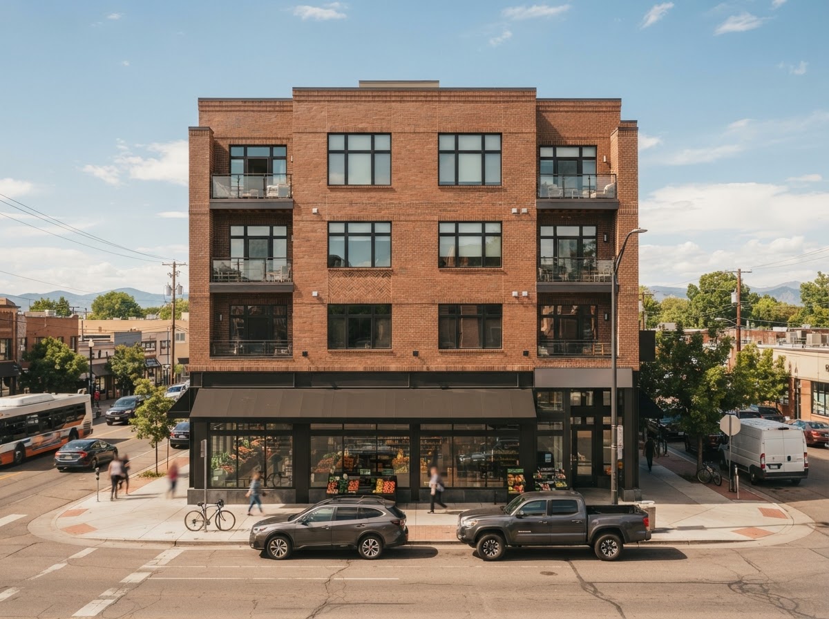 Alta Alameda, a four-story rust brick and glass building on busy South Broadway with a ground-floor grocery, produce visible through the windows and cars on the street