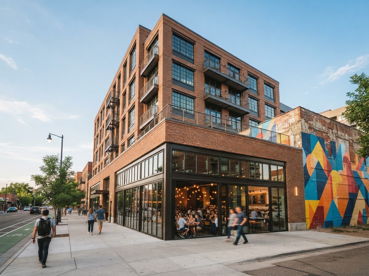 The Mercantile at RiNo, a six-story rust brick and glass building with a glass-walled ground-floor food hall and a colorful mural on the adjacent wall