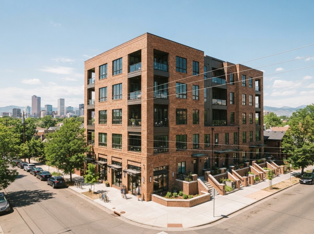 Chestnut Row, a five-story rust brick and glass building with corner shops, stoop-style townhouse entries along the side street and the downtown Denver skyline in the distance
