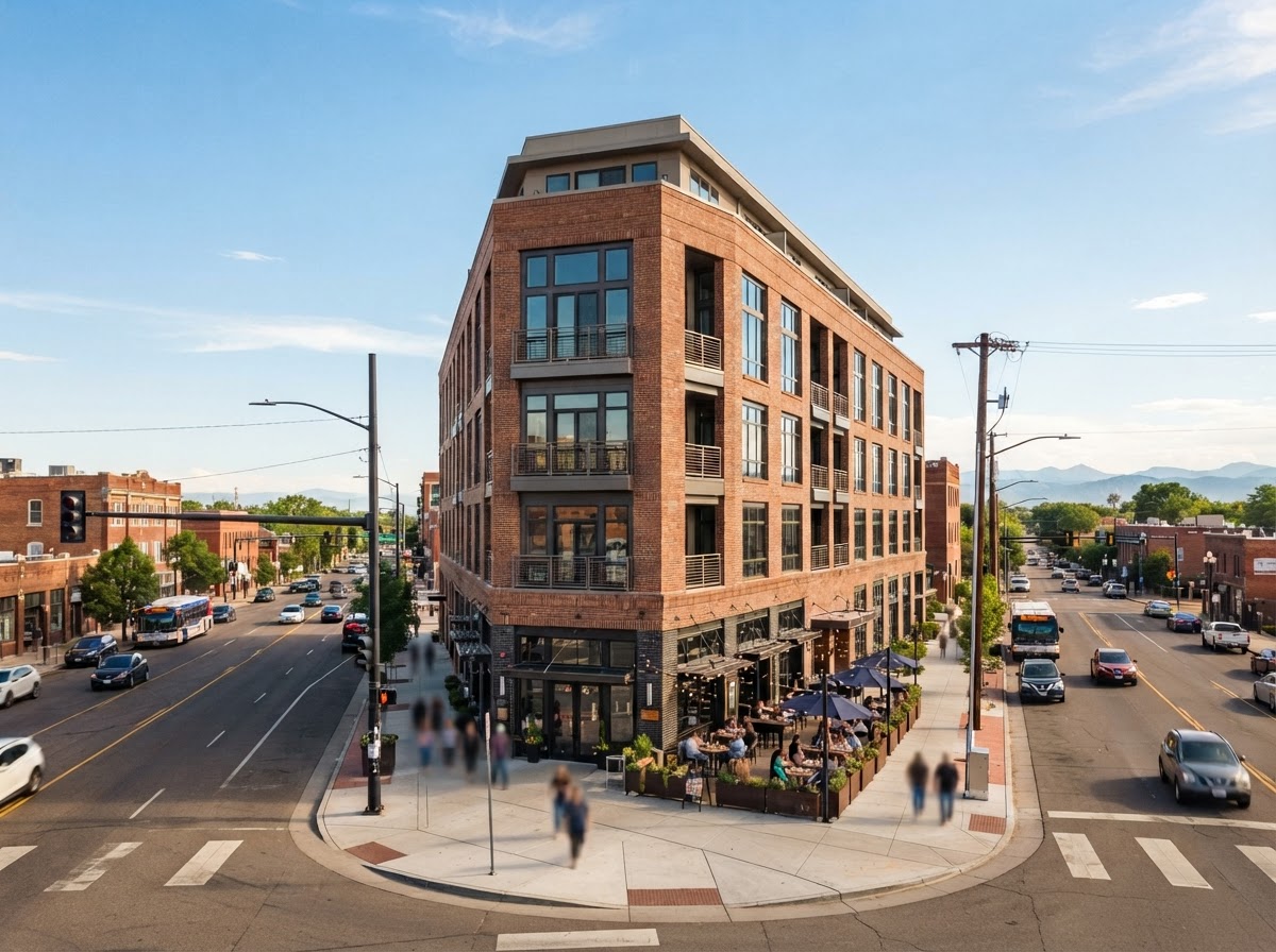 The Kestrel on Colfax, a six-story rust brick and glass building seen across its corner on a wide avenue, with a restaurant patio under umbrellas at street level