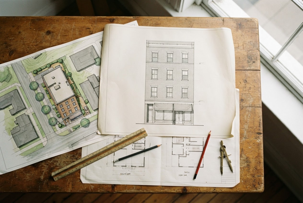 Elevation drawings of Alta Alameda's four-story brick scheme with its grocery storefront and awning, laid out on a studio table beside colored site plans