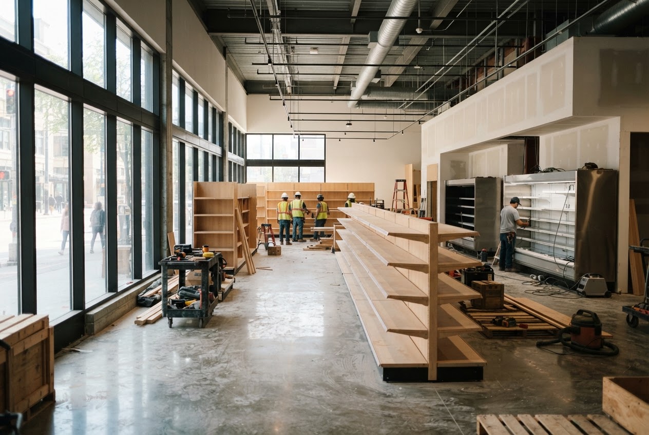 The ground-floor grocery at Alta Alameda under fit-out, new shelving and refrigerated cases being installed on polished concrete under daylight from the storefront glass