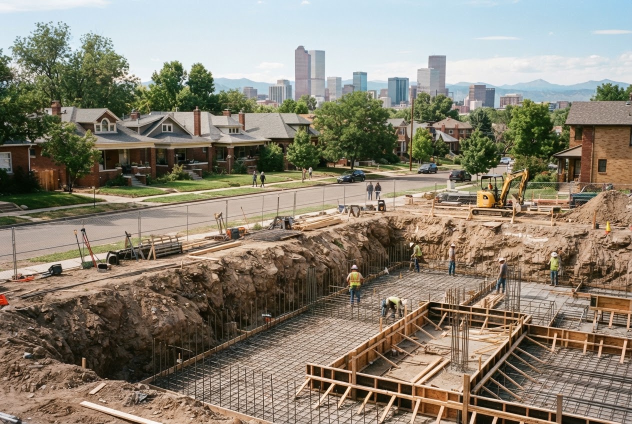 Excavation of the Chestnut Row site on a residential Highland block, rebar and footing forms in the pit with older houses across the street and the skyline beyond