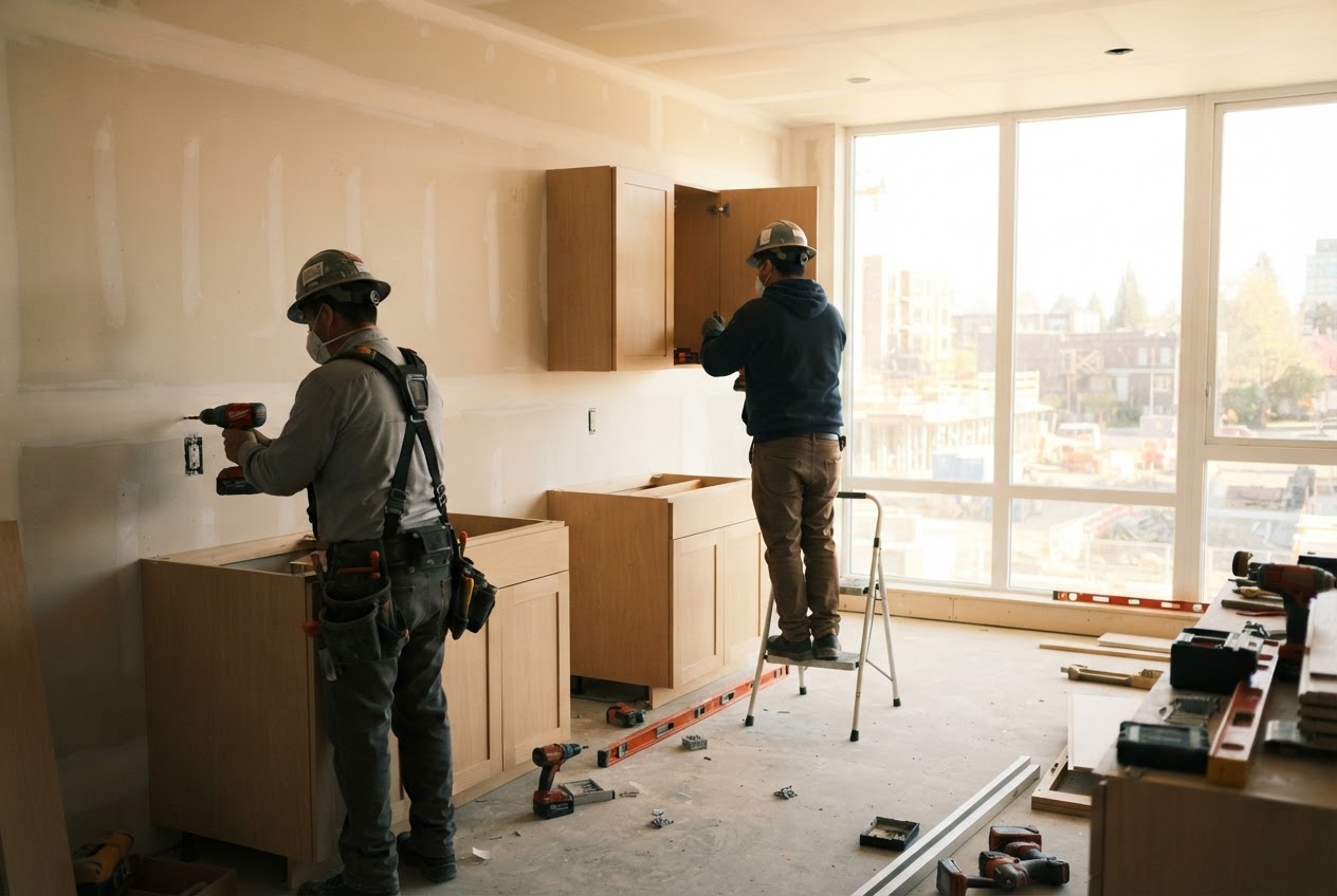 Two masked workers spaced apart installing kitchen cabinets in a new Chestnut Row apartment, bright daylight coming through the windows