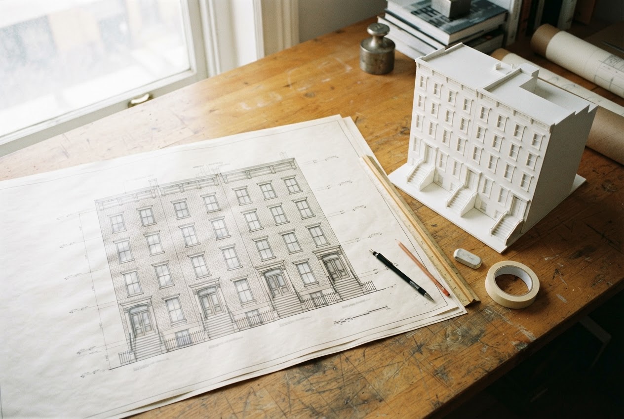 Elevation drawings of Chestnut Row's five-story brick scheme with townhouse stoops along one side, spread on a studio table beside a white massing model