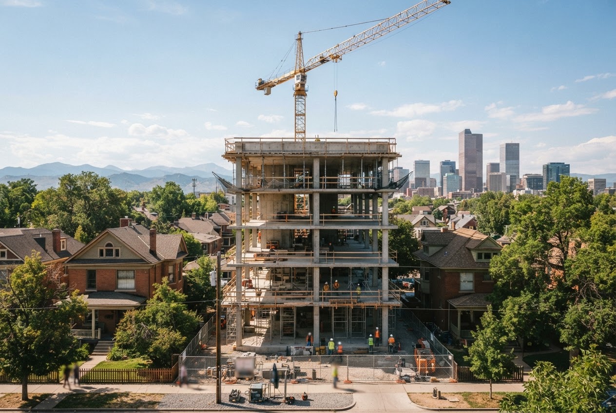 Chestnut Row's five-story concrete frame topped out under a tower crane amid Highland's older houses and trees, with the downtown Denver skyline behind