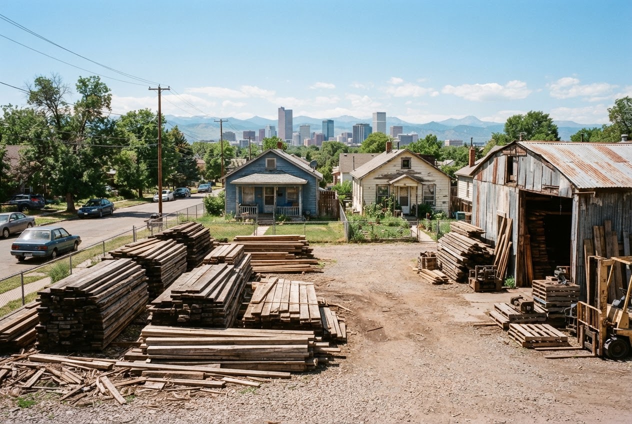 The old Highland lumber yard before acquisition, stacked weathered timber and a metal shed beside two small older houses, with the downtown Denver skyline in the distance