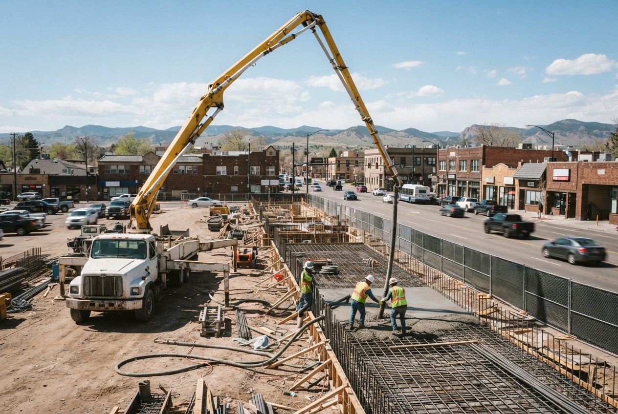 A foundation pour on the Alta Alameda site, a concrete pump truck reaching over rebar and forms with South Broadway traffic passing alongside