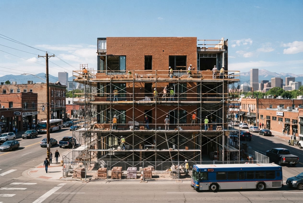 Alta Alameda's four stories rising on South Broadway, warm rust brick going up behind scaffolding with masons at work and cars passing below