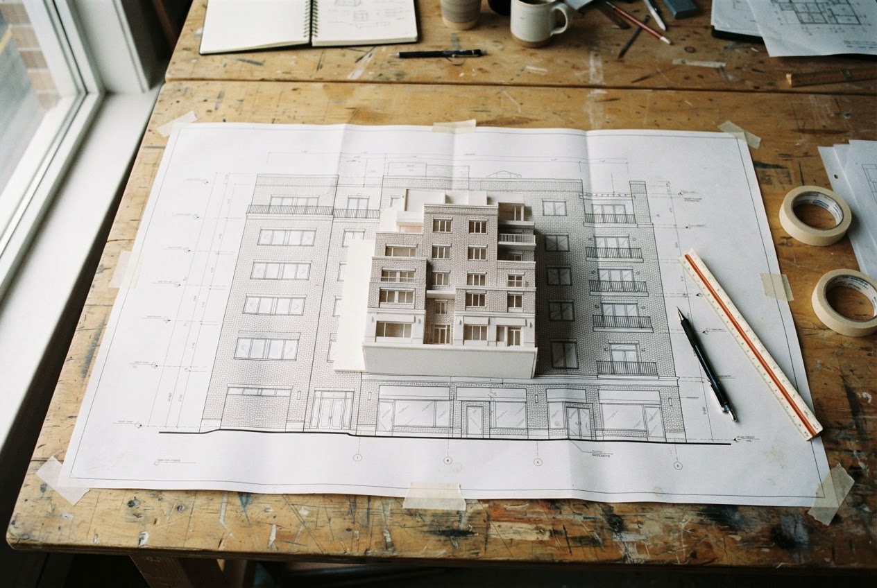 Elevation drawings of the five-story brick Arapahoe Crossing scheme with ground-floor storefronts spread on a studio table beside a white scale model