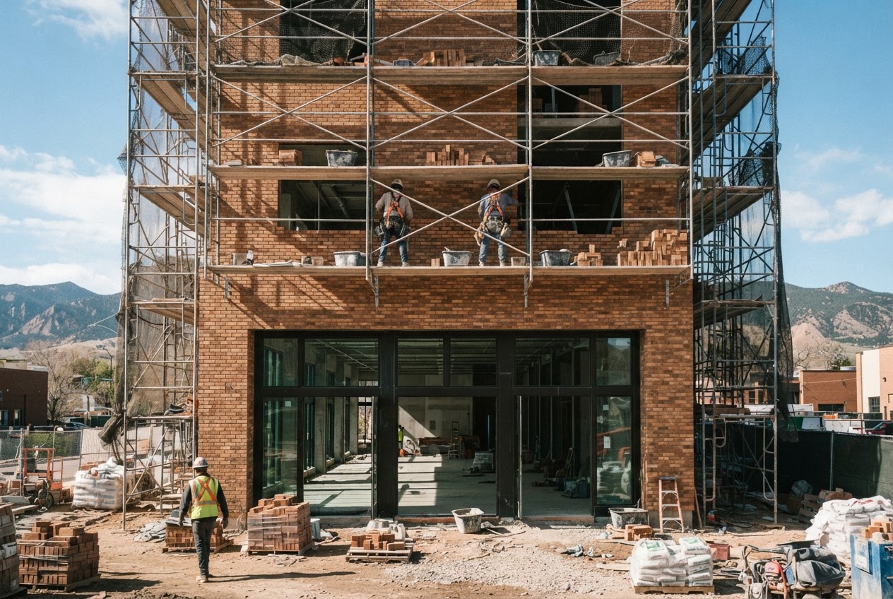Masons laying warm rust brick on The Mercantile's scaffolded upper floors, with the tall food-hall window openings taking shape at the ground floor