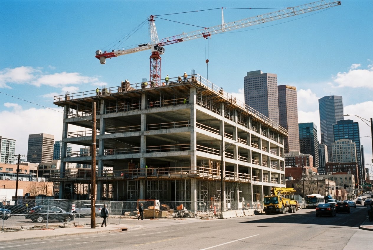 Arapahoe Crossing's five-story concrete frame topped out under a tower crane on its downtown corner, taller towers behind under blue Colorado sky