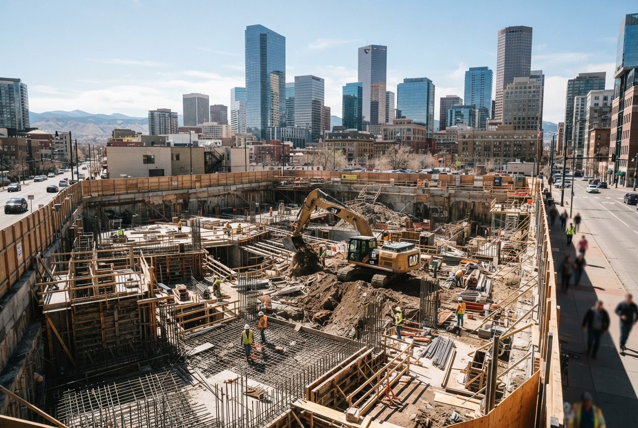 The excavated Arapahoe Crossing site with rebar grids, concrete forms and an excavator in the pit, downtown Denver towers behind