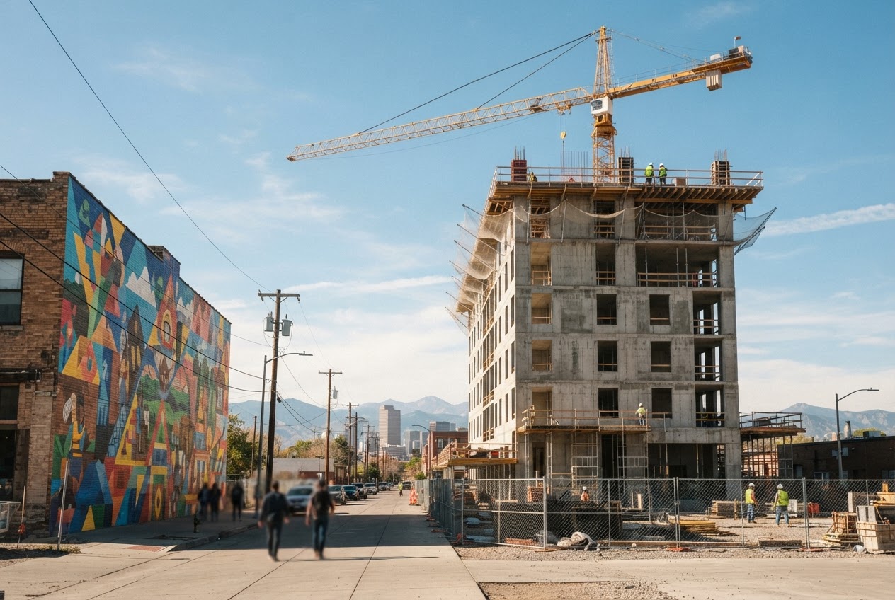 The Mercantile's six-story concrete frame topped out under a tower crane, with a large colorful mural wall on the low brick building next door