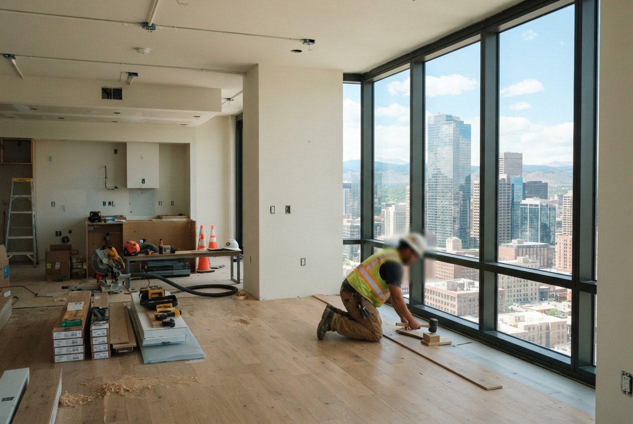 A bright, nearly finished Arapahoe Crossing apartment during fit-out, with fresh drywall, wood flooring being laid and large windows framing downtown Denver towers
