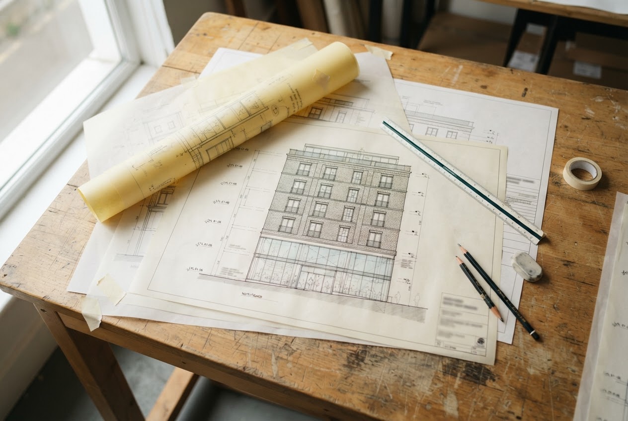 Elevation drawings of The Mercantile's six-story brick scheme with its tall glass food-hall ground floor, spread on a studio table with tracing paper and a scale ruler