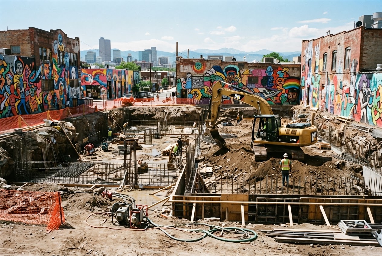 Excavation of The Mercantile site in RiNo, an open pit with rebar and footing forms and an excavator at work, colorful murals on the neighboring brick walls