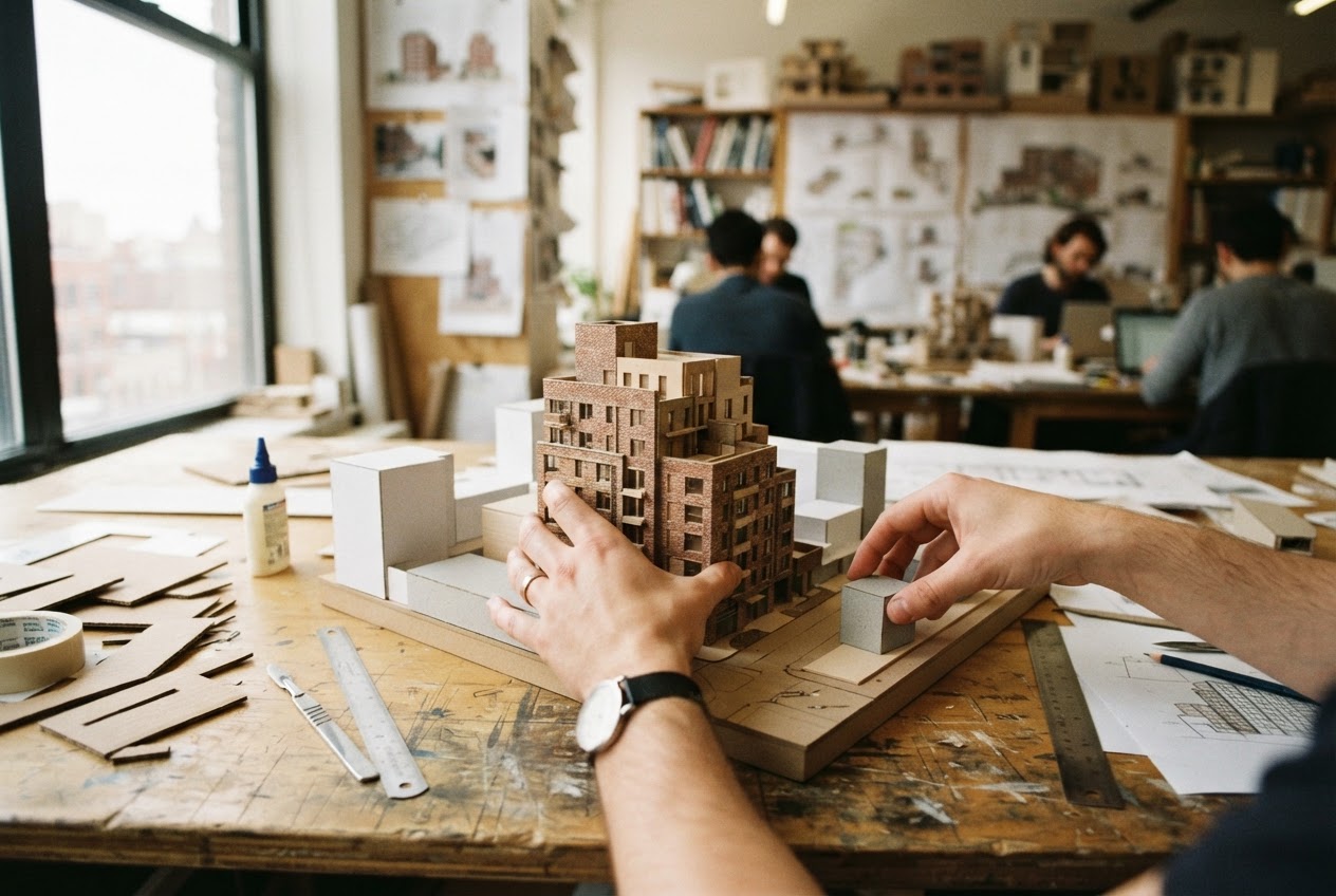An architectural massing model of a brick mid-rise building being adjusted in the Kestrel & Pike design studio