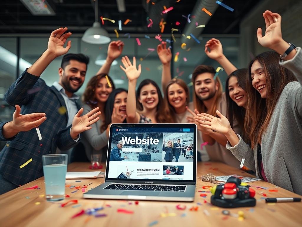 A close up of a team celebrating a website launch