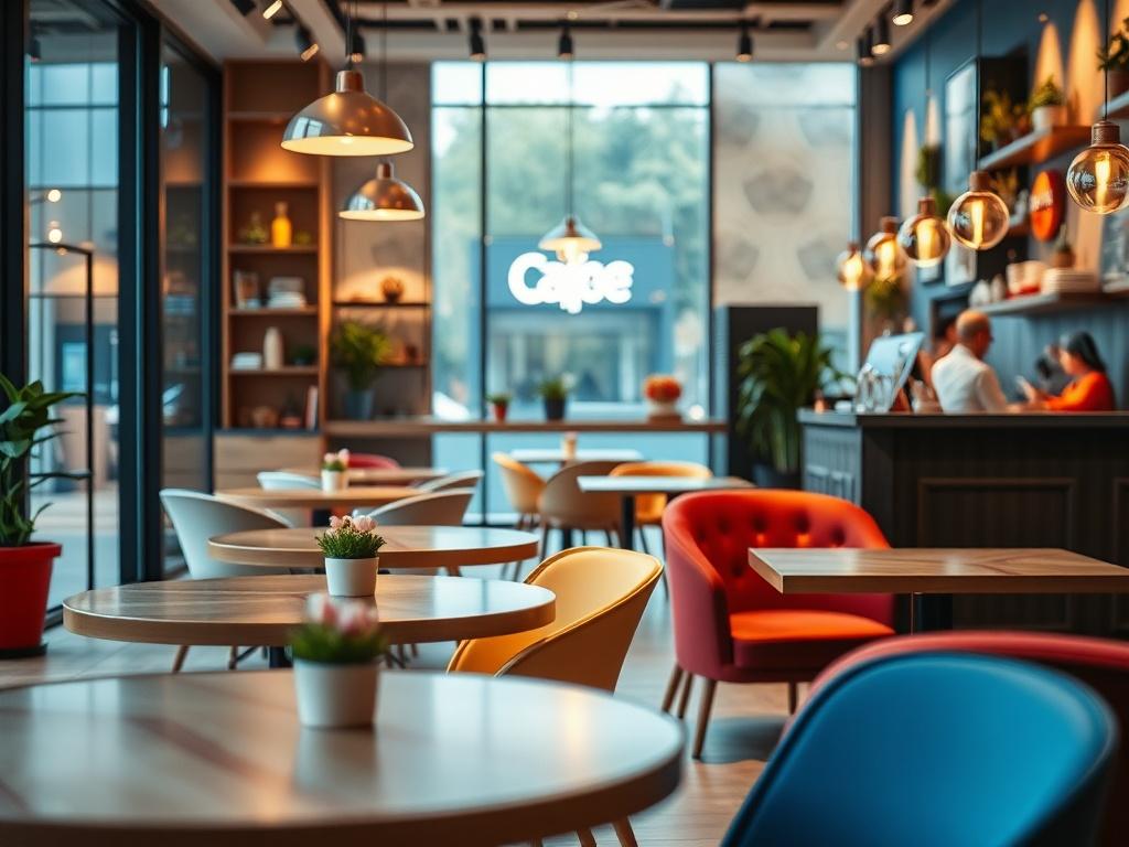 A vibrant café interior showcasing its new brand identity, with