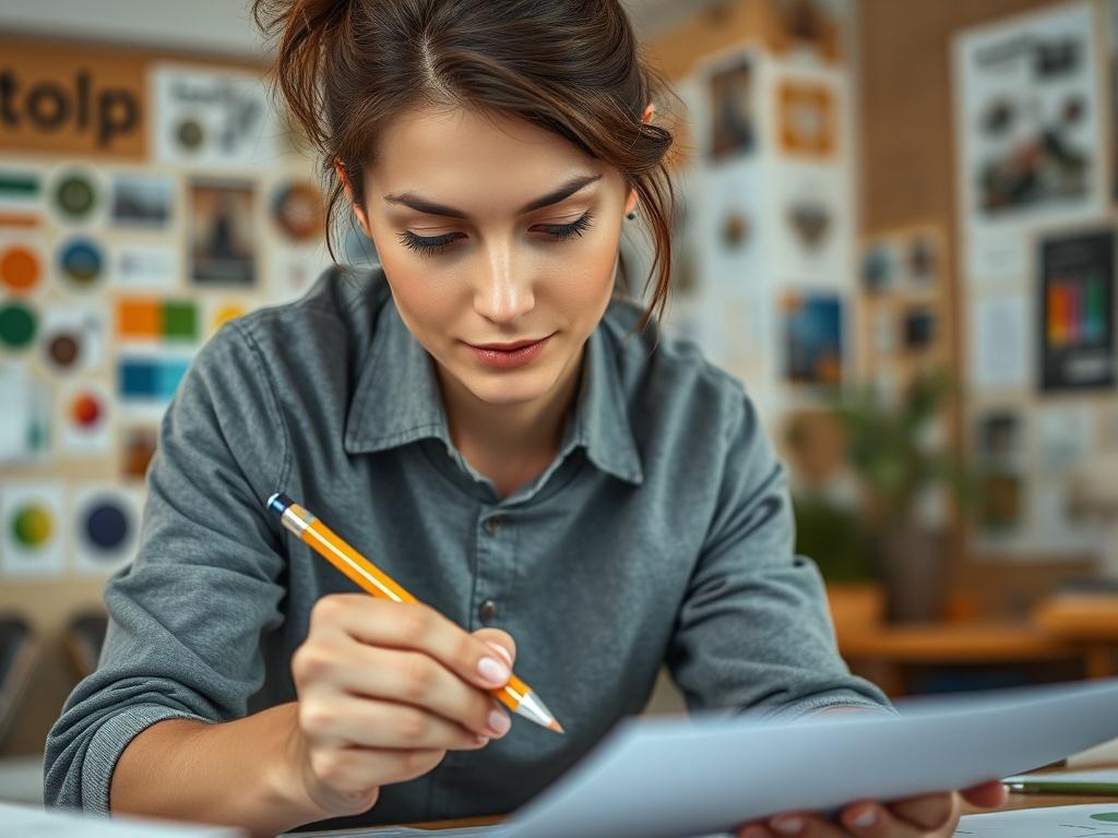 **Prompt for AI Image Generation:**

Create a realistic high-resolution photo that captures the essence of "Crafting Bold Brand Identities." The image should feature a close-up shot of a confident designer or creative strategist, female or male, deeply engaged in the process of sketching or designing a brand identity. The subject should be holding a pencil or stylus, with a focused expression, highlighting their passion for creativity and innovation.

The background should be a softly blurred workspace fill