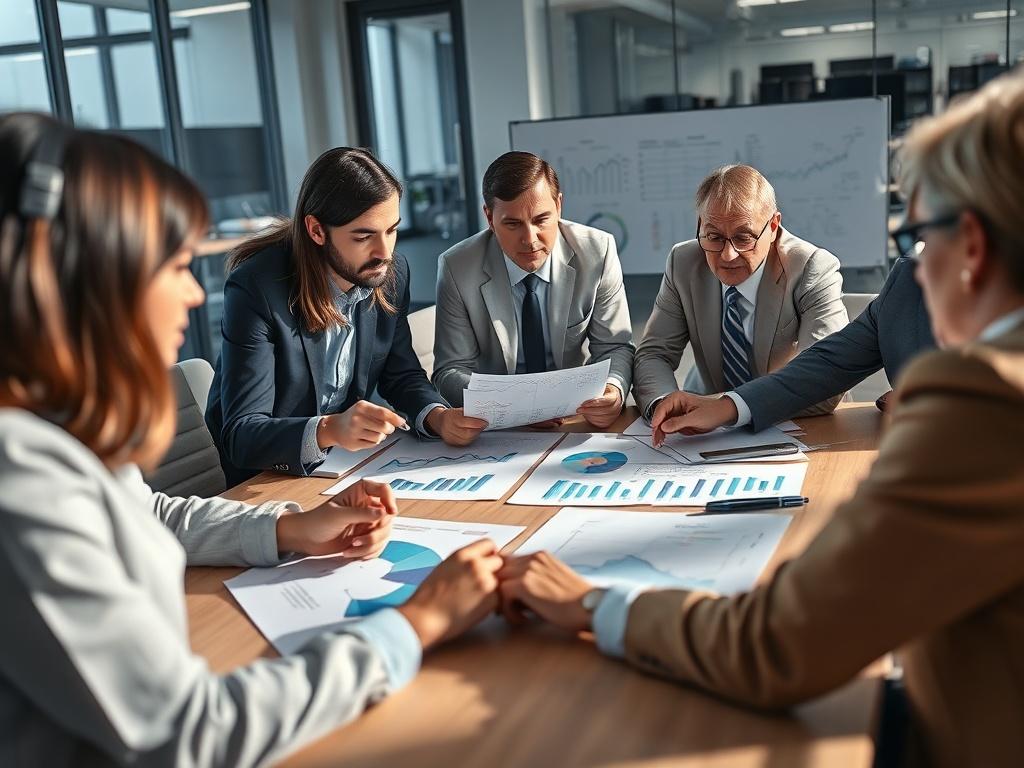 A realistic high-resolution photo of a strategic planning session with a group of professionals analyzing data and trends related to public policy. The scene should capture a dynamic discussion, with charts and reports on the table. The background should be a modern office environment that reflects a serious yet innovative atmosphere. The lighting should be bright, emphasizing the focus on collaboration and strategy. Incorporate elements of rgb(3, 125, 201) in the decor.