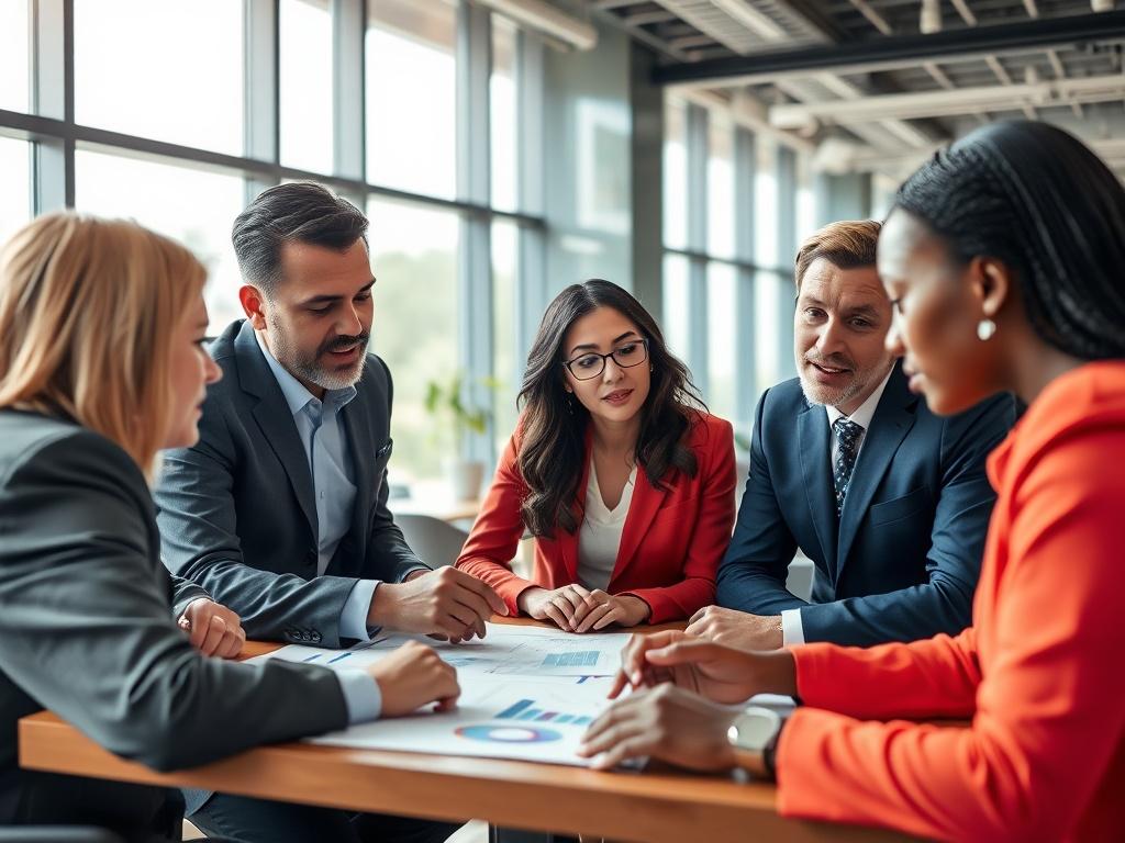 A hyper-realistic close-up of a professional consultant discussing strategic planning with a diverse team in an office setting. The team is engaged, looking at documents and charts on a table. The background is a modern office with large windows, allowing natural light to illuminate the scene, showcasing a collaborative atmosphere. The colors are vibrant with a focus on the RGB color scheme of rgb(3, 125, 201) in their attire or office decor.