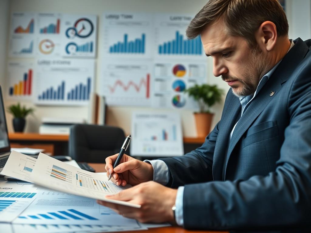 A close-up shot of a strategic planner analyzing legislative documents and reports. The office is filled with charts and graphs displaying data trends. The planner is focused and taking notes, symbolizing the proactive approach to lobbying and strategic planning.