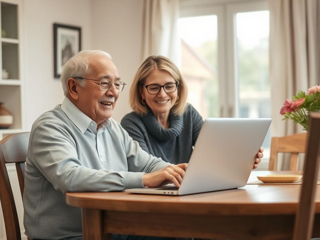 A friendly older adult sitting at a dining table with
