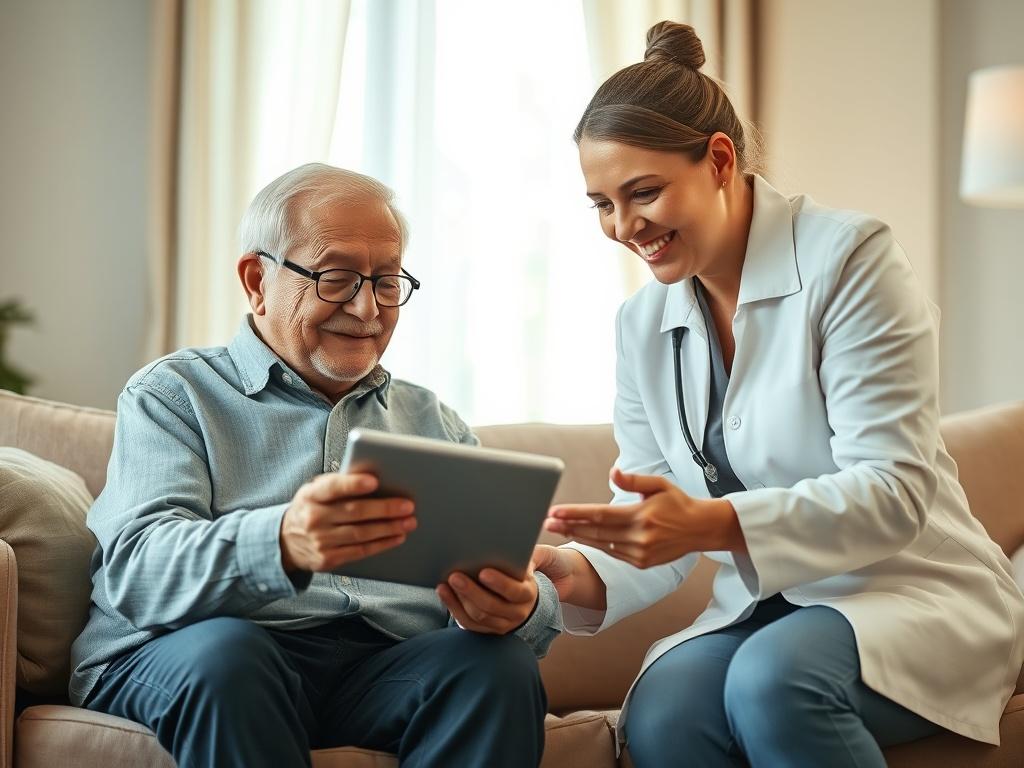 A senior person sitting comfortably in a cozy living room,