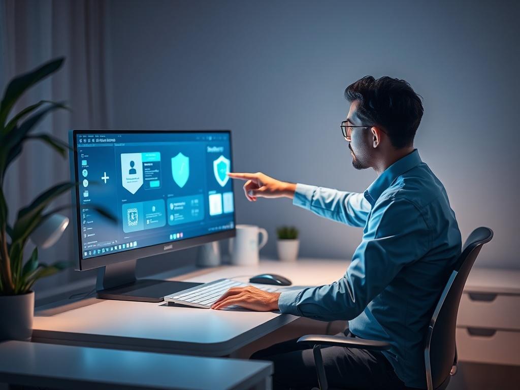 A concerned individual sitting at a computer, receiving advice from