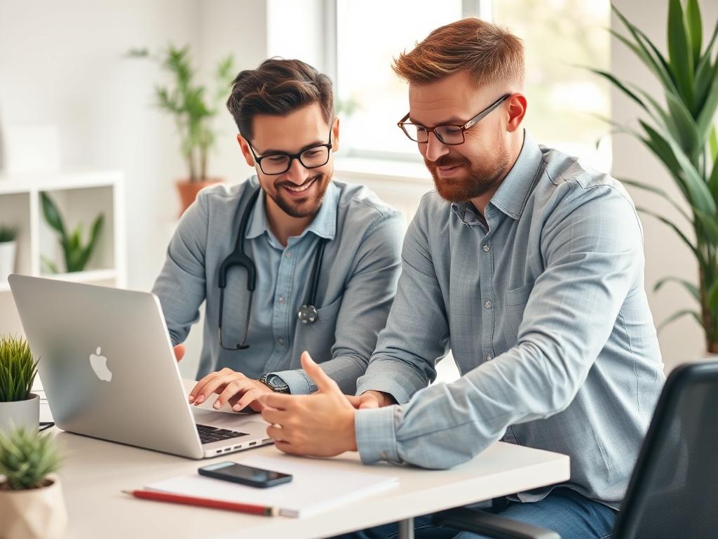 A tech expert sitting at a desk, attentively assisting a