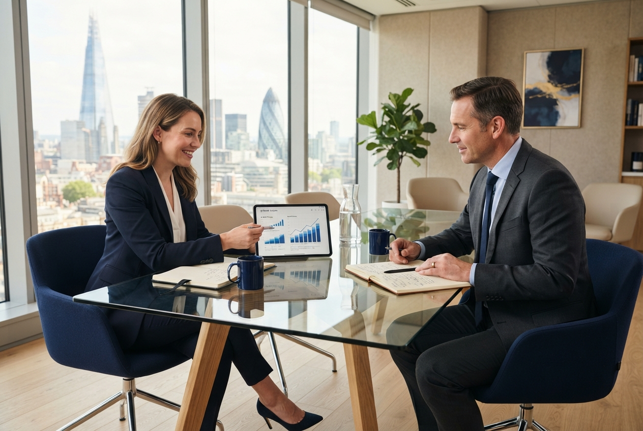 Two professionals reviewing charts at a modern glass table during a consulting session