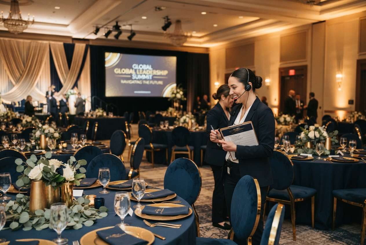 An elegant modern corporate event space prepared for a conference