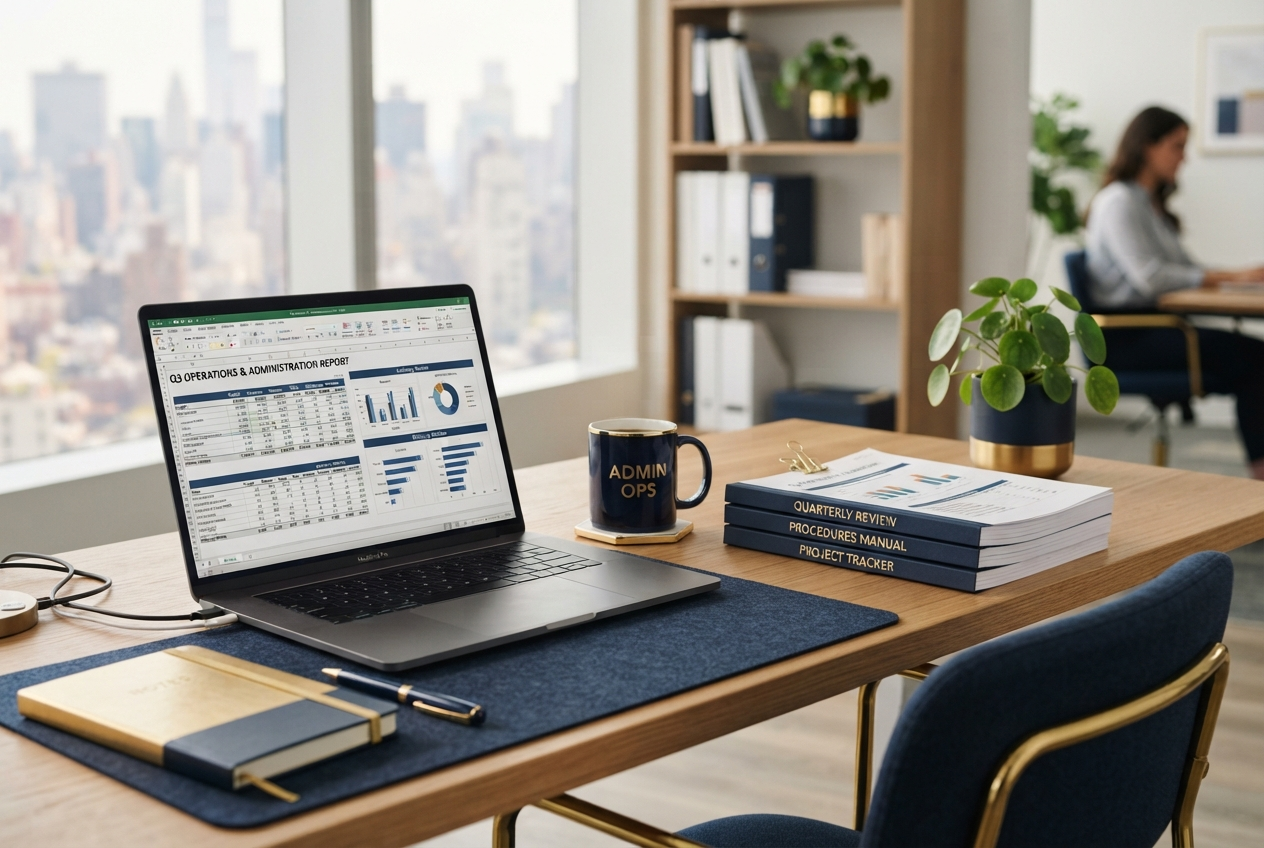 A neatly organized modern workspace with documents and a laptop