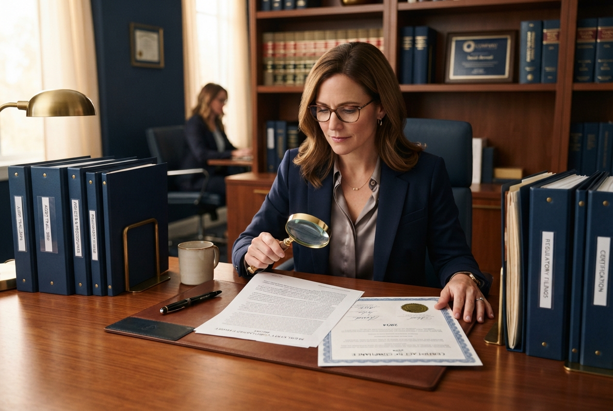 A professional reviewing official documents and certificates at a wooden desk