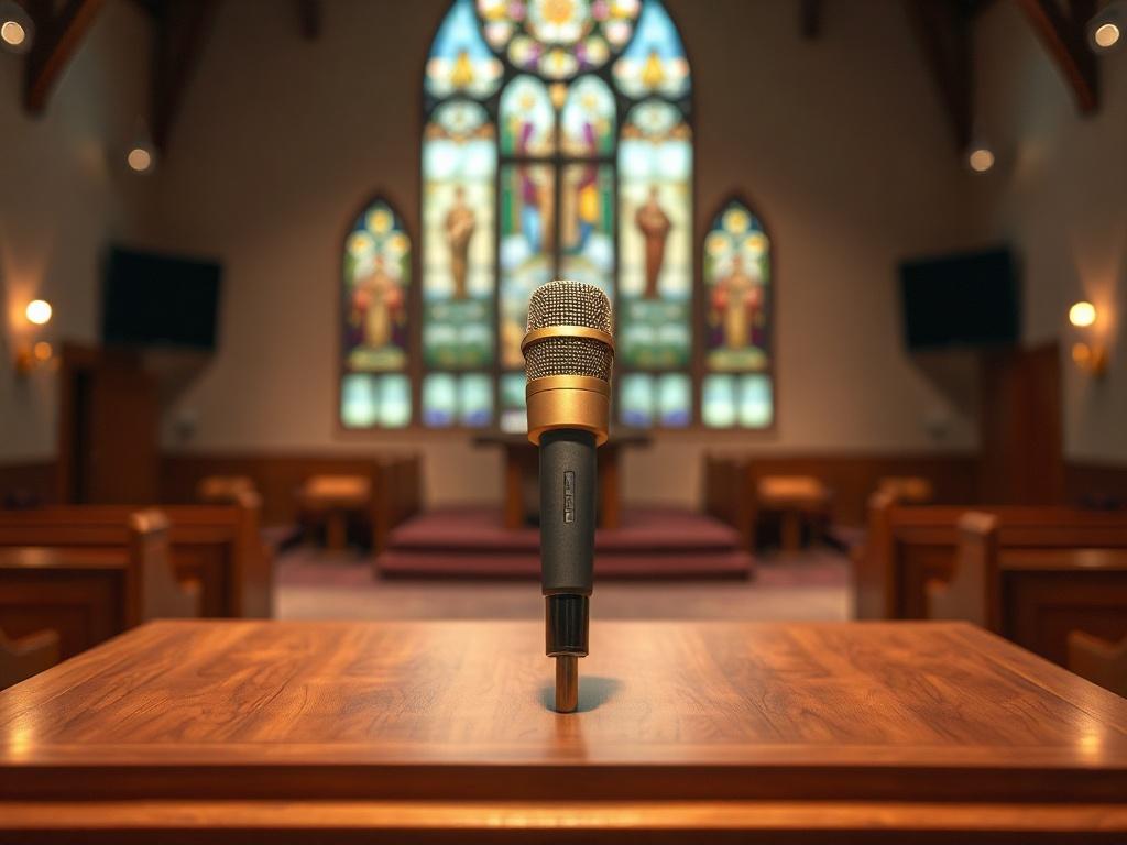 Create a realistic, high-resolution photo that visually represents the theme of "AV Equipment Guide for Houses of Worship and Large Venues." The composition should be simple and clear, featuring a single subject: a high-quality AV equipment setup specifically designed for a house of worship. 

The subject should prominently display a professional microphone on a sleek, polished podium with a backdrop of soft, ambient lighting, emulating a spiritual environment. The microphone should have a refined design wi