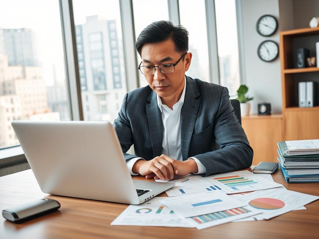 Create a realistic high-resolution photo that captures the essence of effective AV project budget tracking. The composition should feature a professional-looking individual, a middle-aged person of East Asian descent, intently analyzing financial data on a laptop in a modern office environment. The subject should be seated at a sleek, wooden desk with a focused expression, showcasing an array of budget reports and colorful charts spread out beside them. 

The background should convey a bright and organized 