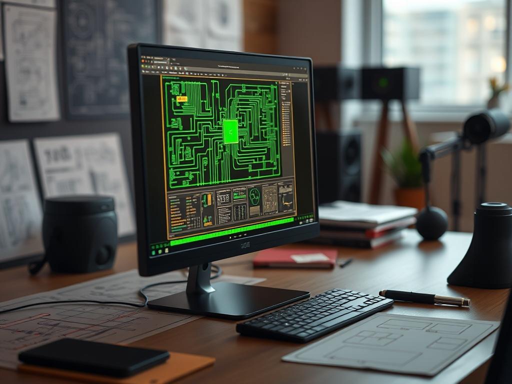 **AI Image Generation Prompt:**

Create a realistic high-resolution photo that visually embodies the blog titled "AI vs Manual Methods to Create AV Schematic Diagrams: Which Is Better?". The image should feature a close-up view of a sleek, modern workstation that showcases a computer screen displaying a vibrant AV schematic diagram being created using AI software. The workstation should be minimally cluttered to convey a sense of focus, emphasizing a single subject – the computer screen.

In the background,