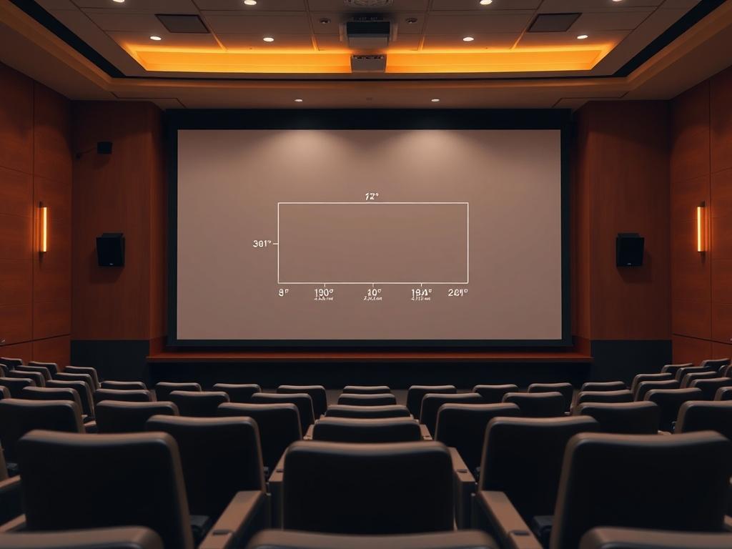 **AI Image Generation Prompt:**

Create a realistic high-resolution photo that captures a well-planned auditorium setup for a presentation about projector screen selection. The composition should focus on a single large projection screen in the center of an auditorium. The screen should display a simplified graphical representation of a screen size chart, with clear dimensions and a visual depiction of different projection distances, but ensure that no text is present on the screen. 

The background should 