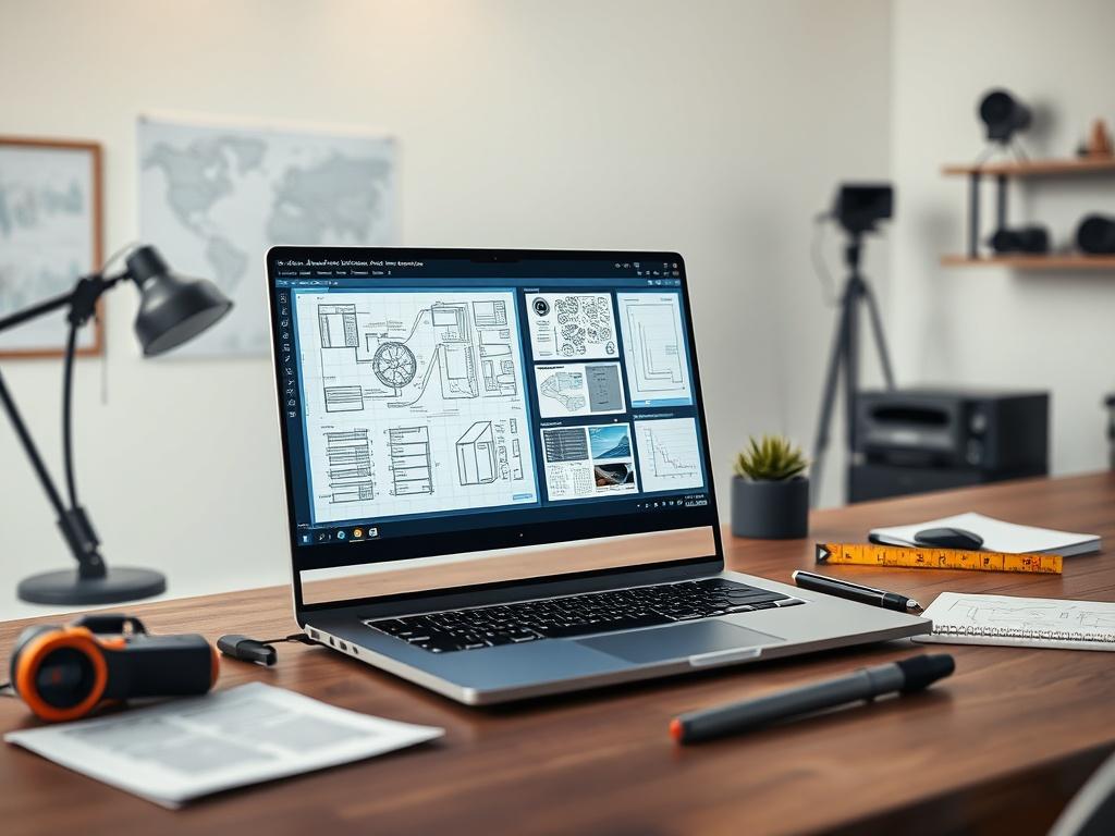 Create a realistic high-resolution photo depicting a modern computer workstation set up for audiovisual (AV) system design. Center the composition on a sleek, contemporary laptop or desktop computer screen displaying intricate AV CAD drawings, showcasing detailed technical layouts, system diagrams, and signal flow schematics. The software used on the screen should appear sophisticated and user-friendly, highlighting its specialized features for AV system design.

In the background, include a well-organized 
