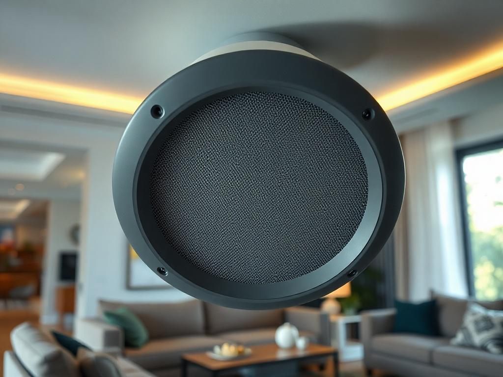 Create a realistic high-resolution photo that captures a close-up view of a modern ceiling speaker specifically designed for surround sound systems. The composition should be simple and clean, focusing solely on the speaker as the main subject. Ensure the speaker displays a sleek, contemporary design with a subtle matte finish, showcasing its grille and surrounding frame. The background should be a softly blurred living room setting, hinting at a comfortable and stylish home environment where surround sound