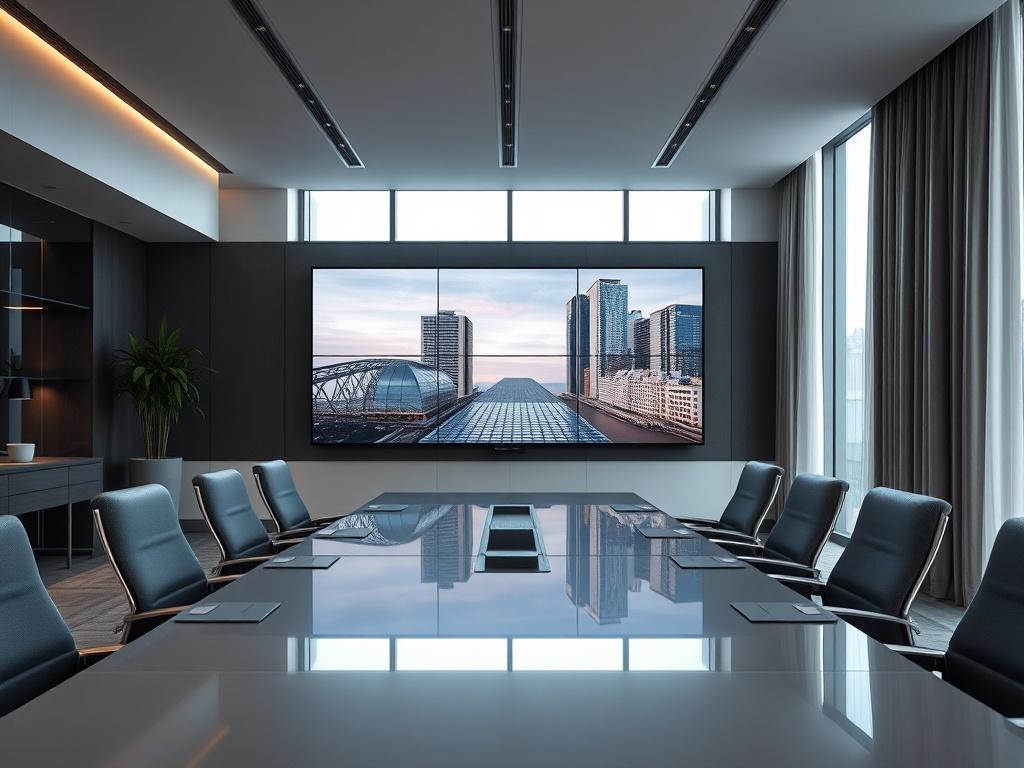 Create a highly detailed and realistic high-resolution photo depicting a sleek and modern video wall installed in an upscale boardroom. The composition should focus exclusively on the video wall as the centerpiece, showcasing its seamless aesthetics with no visible bezels. The image should capture the advanced technology, emphasizing the clarity and vibrancy of the displayed content which highlights an engaging and professional presentation. 

The background should be a well-designed boardroom with contempo